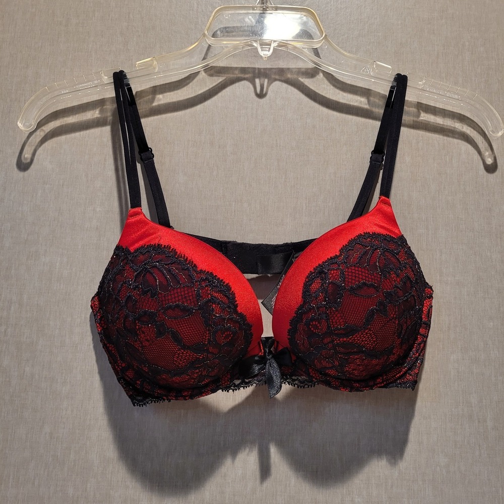 Victoria's Secret 34B Red Black Gold Shimmer Lace Push Up Plunge Bra Vampy Goth